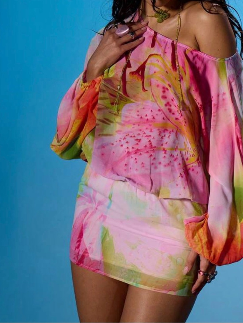 Bright Pink Floral Off-Shoulder Mini Dress